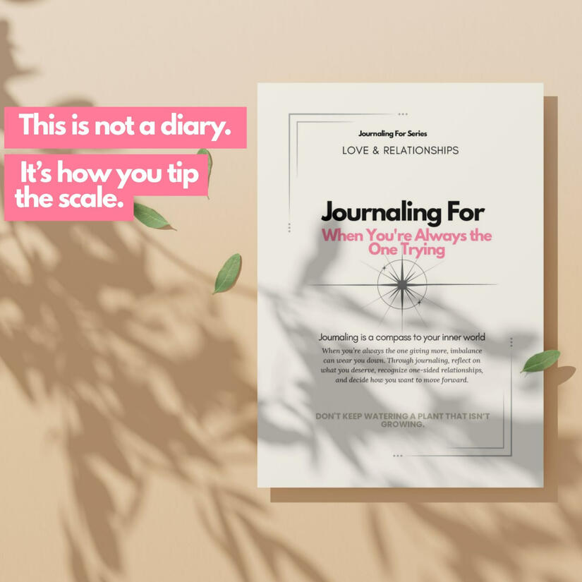 Untitled Journaling For – When You’re Always the One Trying’ workbook displayed on a beige background with soft leaf shadows and bold pink text overlay