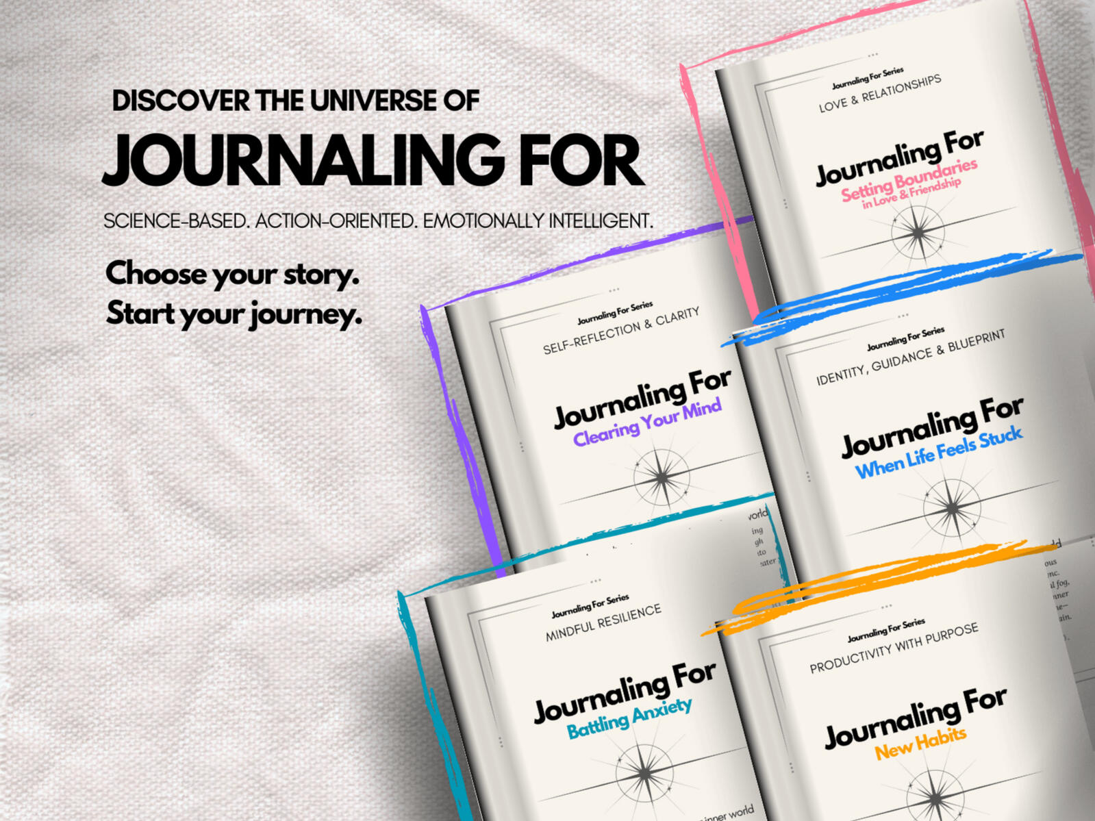 Stack of five‘Journaling For’ workbooks from all categories — Self-Reflection & Clarity, Mindful Resilience, Productivity With Purpose, Love & Relationships, and Identity, Guidance & Blueprint— displayed together under the headline ‘Discover the Universe o