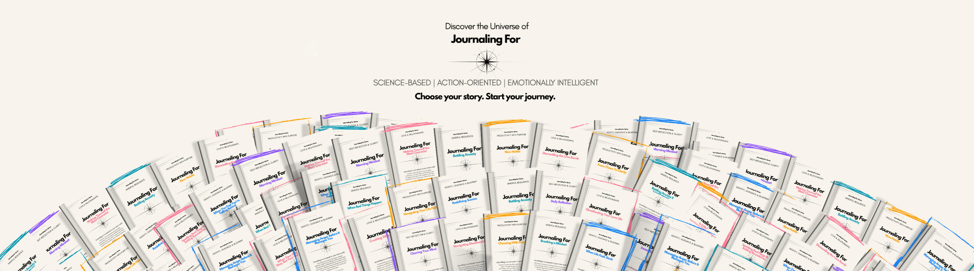 “Panoramic display of all 30 ‘Journaling For’ guided workbooks arranged in a curved layout, arranged in an arc, showcasing the five color-coded categories in the series under the headline ‘Discover the Universe of Journaling For.’”